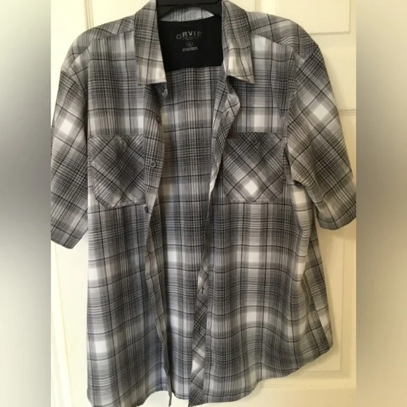 Orvis Men's Short Sleeve Button Up Tech Shirt Spread Collar Pockets Gray Plaid - Picture 5 of 10